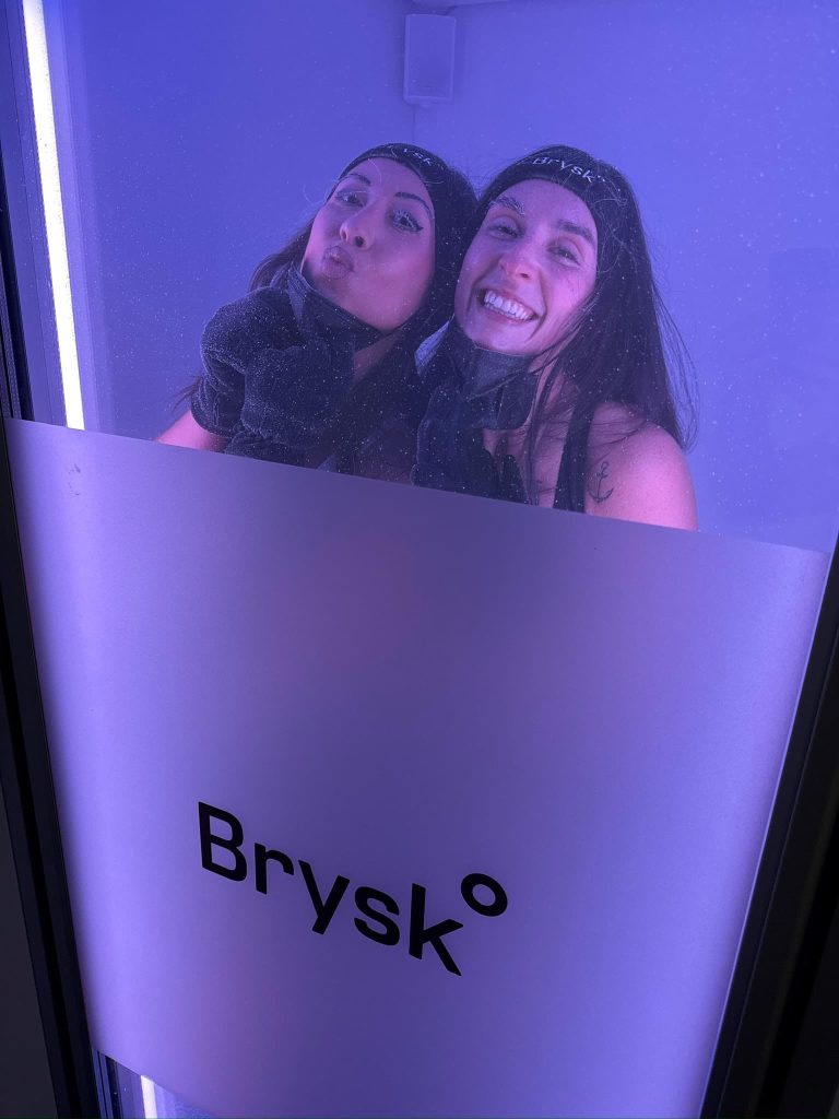 Two clients enjoying a whole body cryotherapy session at Brysk in Manchester