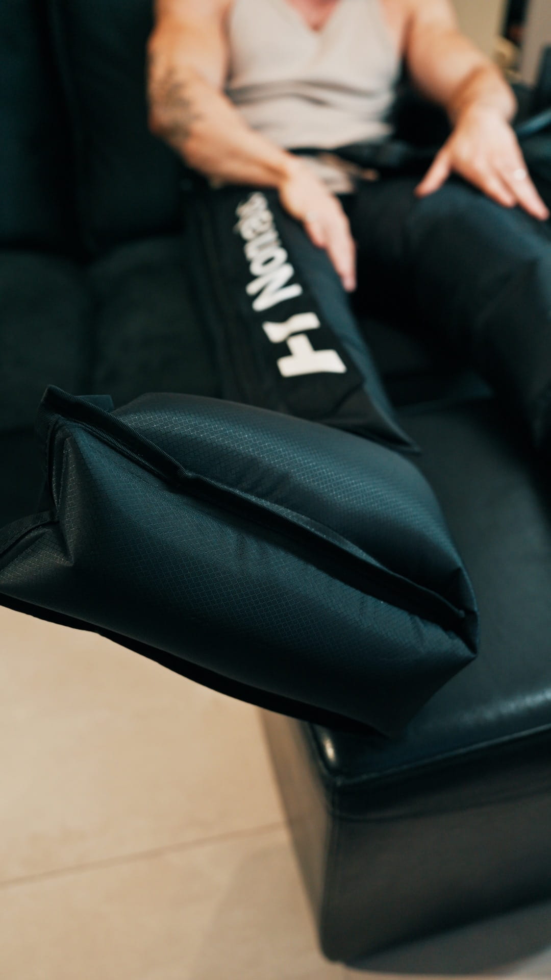 Close-up of compression boot therapy session at Brysk in Manchester