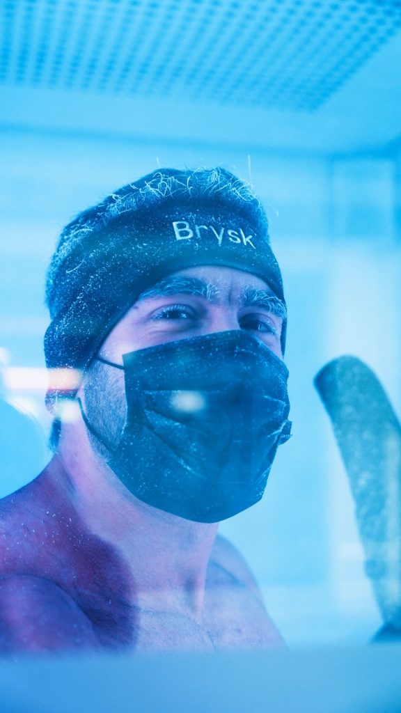 Close-up of client during whole body cryotherapy at Brysk Manchester